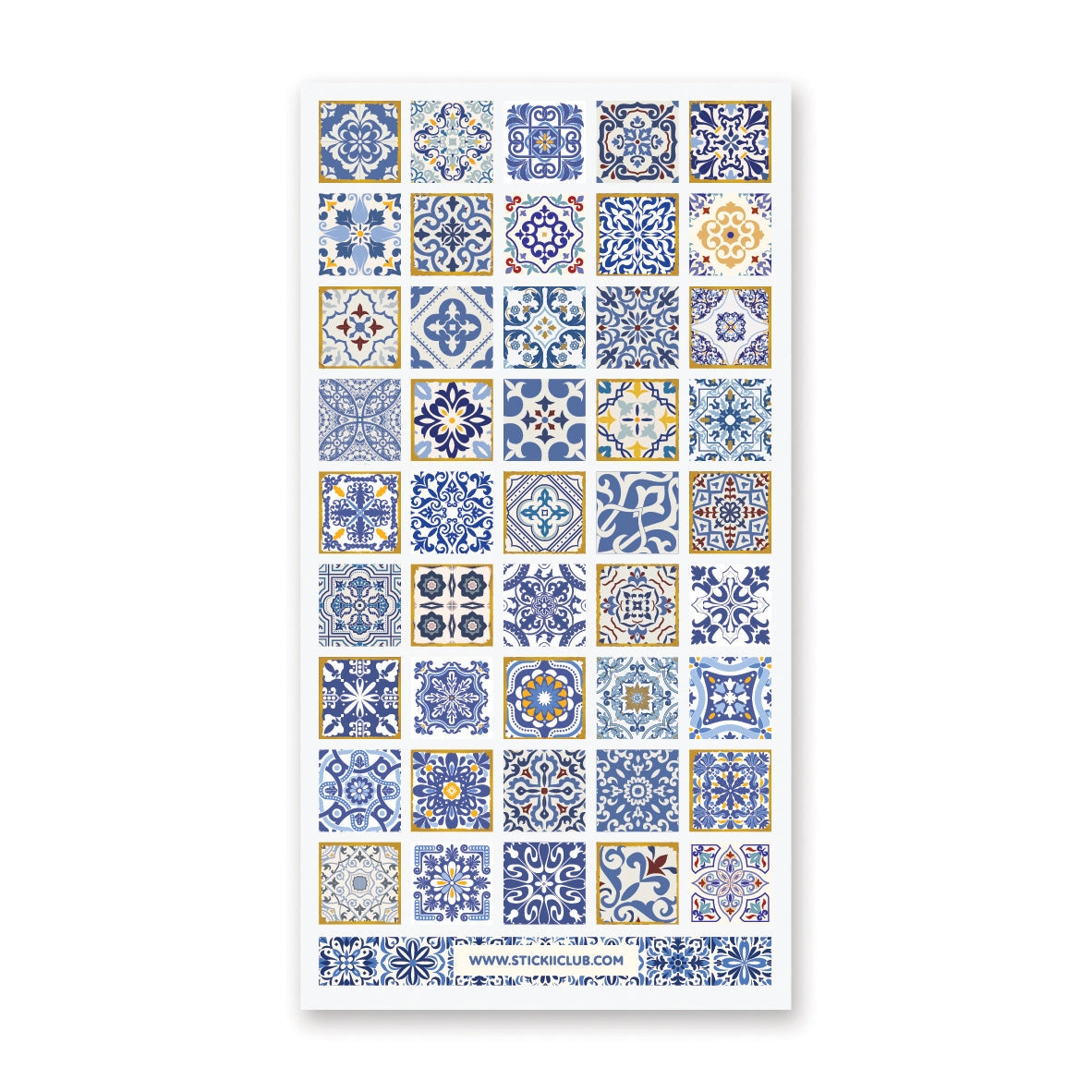 STICKII Azure Whimsy Tiles Sticker Sheet

💙✨ Bring timeless elegance to your creations with this stunning sheet of vintage tiles patterned with intricate designs and shimmering foil accents. From dainty florals to bold geometrics, every square echoes the artistry of classic ceramics in rich shades of blue and gold.