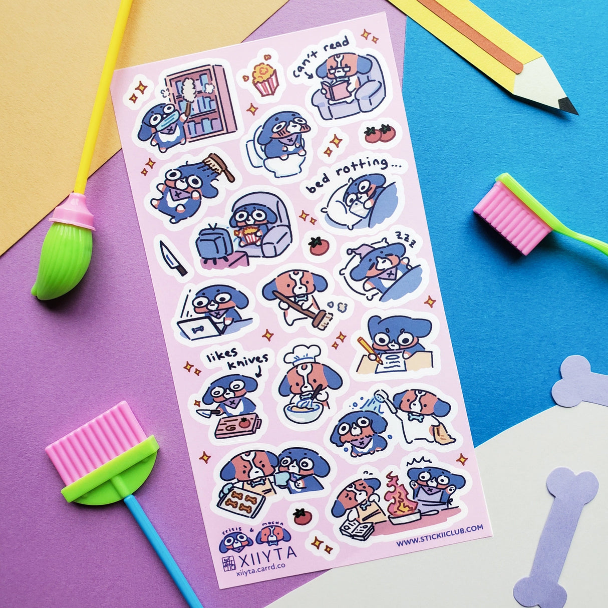 STICKII Crisis & Mocha Sticker Sheet

🐶💤 Meet Crisis & Mocha, just doing their best trying to get through the week (like us). Whether they’re starting fires while tcooking dinner, binge-watching, or just vibing in a disaster of their own making, this sheet by @xiiyta is a reminder that yes we’re all a mess but we’re an adorable mess so it’s okay or something.