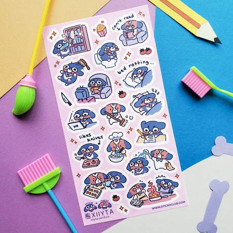 STICKII Crisis & Mocha Sticker Sheet

🐶💤 Meet Crisis & Mocha, just doing their best trying to get through the week (like us). Whether they’re starting fires while tcooking dinner, binge-watching, or just vibing in a disaster of their own making, this sheet by @xiiyta is a reminder that yes we’re all a mess but we’re an adorable mess so it’s okay or something.