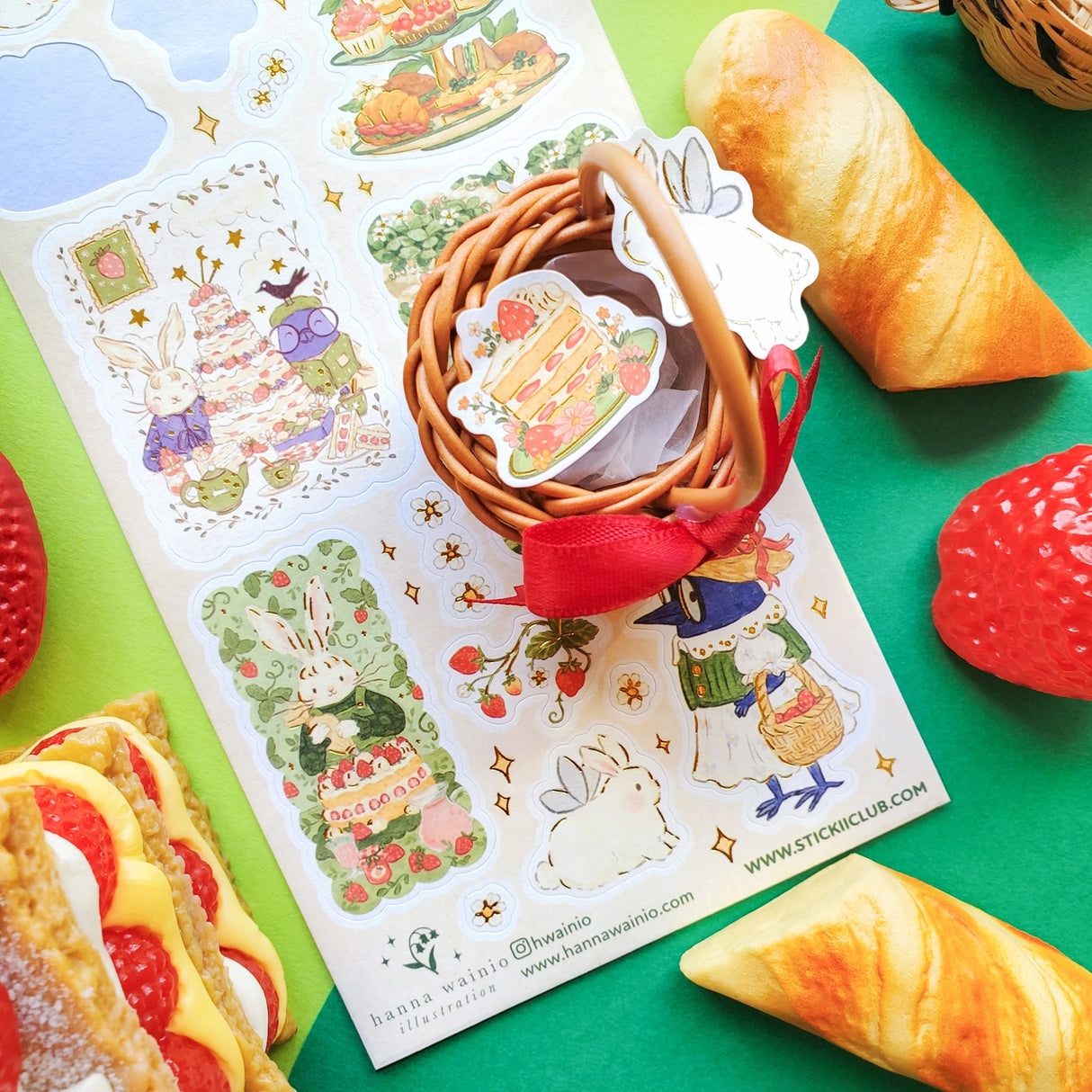 🍓🐇 Bunnies, birds, and strawberries—oh my! @hwainio’s adorable friends are gathering the juiciest berries, then turning them into the dreamiest desserts. From towering cakes and dainty tea treats to garden picnics, it’s definitely a berry good time to be had!

Art by: @hwainio

Top Coating: None
Adhesive Layer: Paper
Backing Layer: Clear PET
6.69" x 3.54".
Weight - 0.03lbs.
1 sheet included&nbsp;