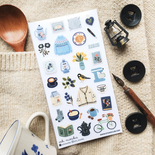 STICKII Sweater Weather Joy Sticker Sheet

🫖📖 With warm knits and teapots, brew a cozy daydream with @och_monika’s delightful set. From the soft blue sweater, a reminder of autumn days, to a vintage bicycle rolling through the garden, these designs invite us to slow down, sip some tea, and savor life’s simple pleasures.