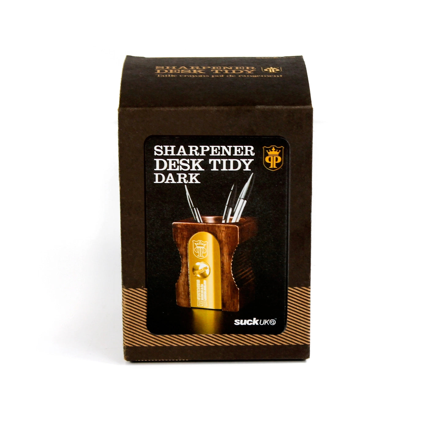 Hugely iconic and instantly recognizable, a design classic desk-tidy. This simple pencil-pot will keep your pencils, pens and desk top clutter looking sharper than the usual dull desk accessory. The "Double" features an extra space for paper-clips and smaller accessories. The "Dark" has a gold plated blade.