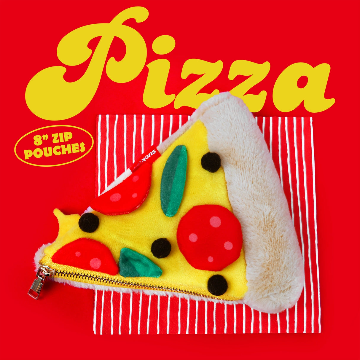 Store stationery & small items.
Plush pizza shaped case with gold zip. Store your belongings in style by tucking them into this slice of delicious pizza. Yum!

Plush Zip Pouches designed and made by SuckUK
Juicy, tasty, sweet and sour. And very cute. Stuff your stuff into something soft, and squishy. Delicious looking plush zip pouches look like foodie treats but instead of calories, they hold your everyday essentials. From cheesy slices to sickly treats, each pouch is designed to be irresistible and practi