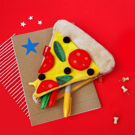 Store stationery & small items.
Plush pizza shaped case with gold zip. Store your belongings in style by tucking them into this slice of delicious pizza. Yum!

Plush Zip Pouches designed and made by SuckUK
Juicy, tasty, sweet and sour. And very cute. Stuff your stuff into something soft, and squishy. Delicious looking plush zip pouches look like foodie treats but instead of calories, they hold your everyday essentials. From cheesy slices to sickly treats, each pouch is designed to be irresistible and practi