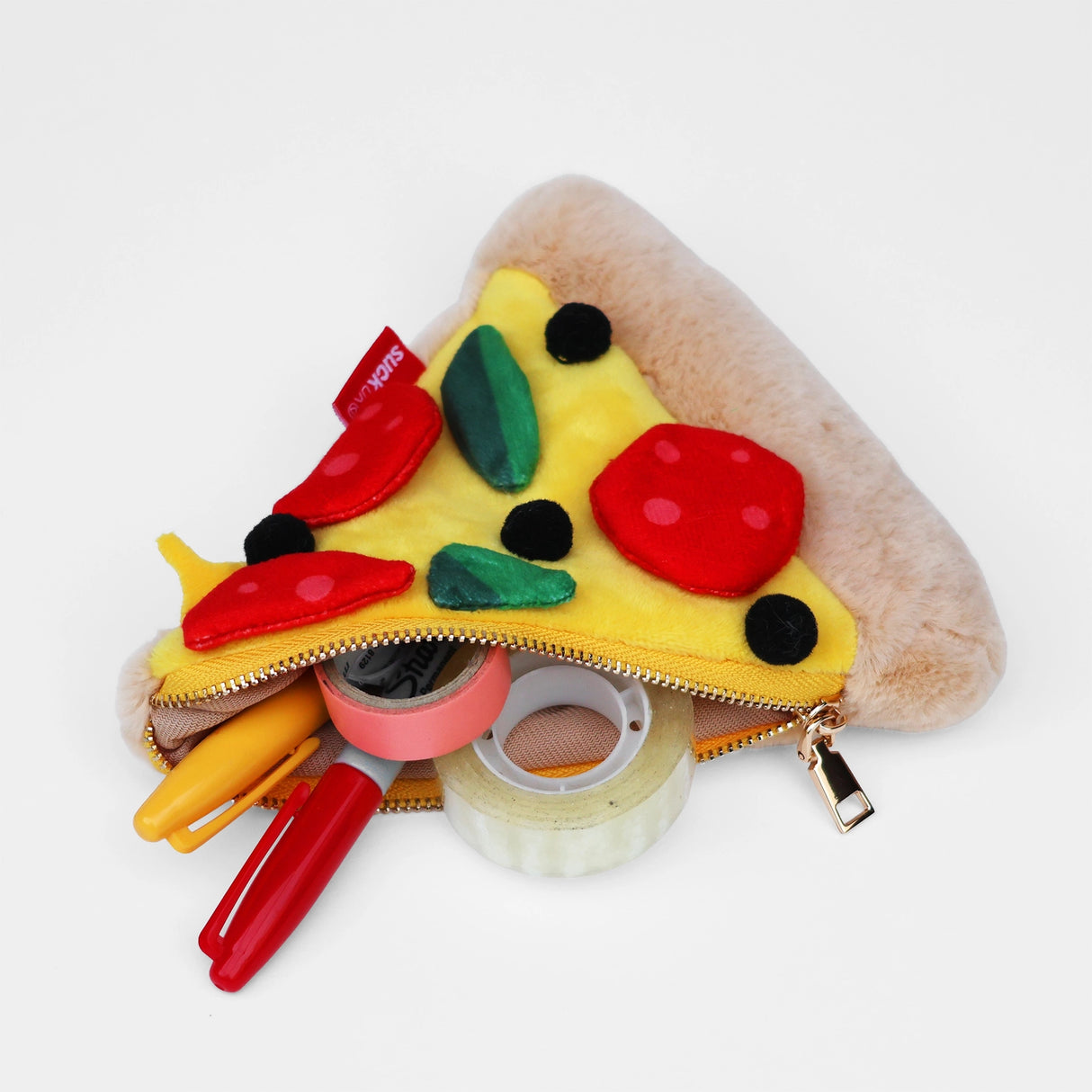Store stationery & small items.
Plush pizza shaped case with gold zip. Store your belongings in style by tucking them into this slice of delicious pizza. Yum!

Plush Zip Pouches designed and made by SuckUK
Juicy, tasty, sweet and sour. And very cute. Stuff your stuff into something soft, and squishy. Delicious looking plush zip pouches look like foodie treats but instead of calories, they hold your everyday essentials. From cheesy slices to sickly treats, each pouch is designed to be irresistible and practi