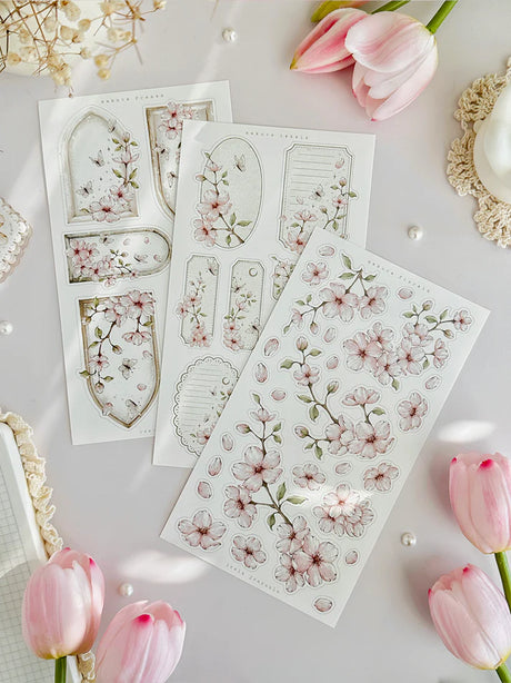 leelajournals Sakura Florals, Frames & Labels Sticker Sheet - 3pc set