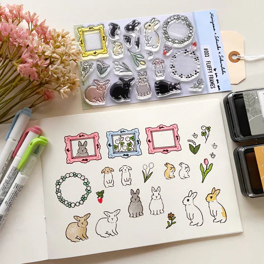 This collaboration with Moriyama, who has a wonderful shop in Ota Ward, Tokyo, and Shiko Moriyama, an illustrator who draws adorable rabbits.

"Fluffy Frames" is a clear stamp with cute frames that can be used in a notebook. Rabbit's stamps are divided into base outline stamps and coloring stamps that serve as patterns. You can stamp it in any color you like, so if you have a rabbit in your family, please try stamping it in the color of "my child"!