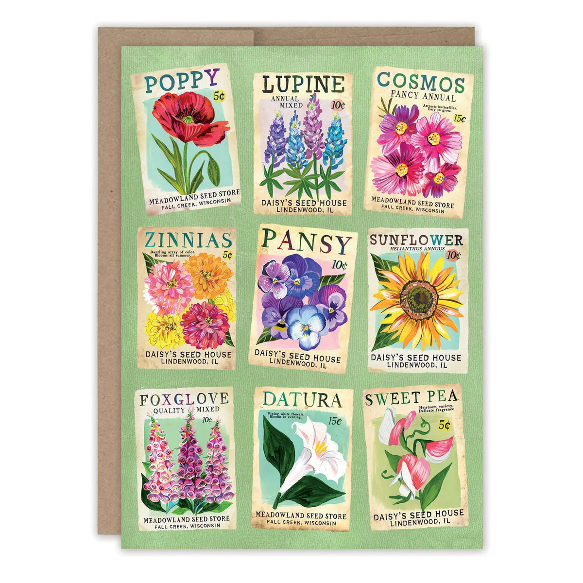Seed Packets Blank Card

Card is blank inside with art.

• Size: A6, 4.6" x 6.4"
• Illustrated by Katie Daisy
• Full-color inside
• Paired with a Brown Kraft envelope
• Printed in the USAInside verse: Have a delightful birthday!

About The Artist: Katie Daisy was raised by the birds and warm breezes of small-town Lindenwood, Illinois, brought up among the wildflowers with roots planted deeply in the natural world. She found her voice and honed her skills at the Minneapolis College of Art and Design, graduat