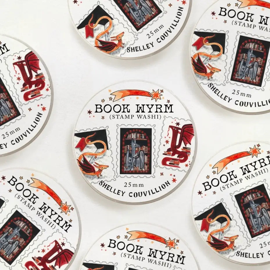Book Wyrm Stamp Washi Tape – Dragons Who Hoard Books!
📚🐉 Why hoard gold when you can hoard books?
Meet the Book Wyrms — wise, whimsical dragons who’ve traded their treasure chests for full bookshelves. Perfect for bookworms, dragon lovers, fantasy fans, and anyone whose TBR pile is starting to look a little monstrous (in the best way).

💌 Stamp-Style Design
This tape is designed with individual stamp-like panels, making it great for cutting and using like stickers — ideal for journaling, snail mail, or a