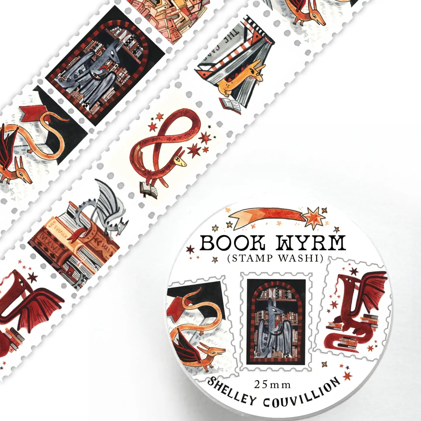 Book Wyrm Stamp Washi Tape – Dragons Who Hoard Books!
📚🐉 Why hoard gold when you can hoard books?
Meet the Book Wyrms — wise, whimsical dragons who’ve traded their treasure chests for full bookshelves. Perfect for bookworms, dragon lovers, fantasy fans, and anyone whose TBR pile is starting to look a little monstrous (in the best way).

💌 Stamp-Style Design
This tape is designed with individual stamp-like panels, making it great for cutting and using like stickers — ideal for journaling, snail mail, or a