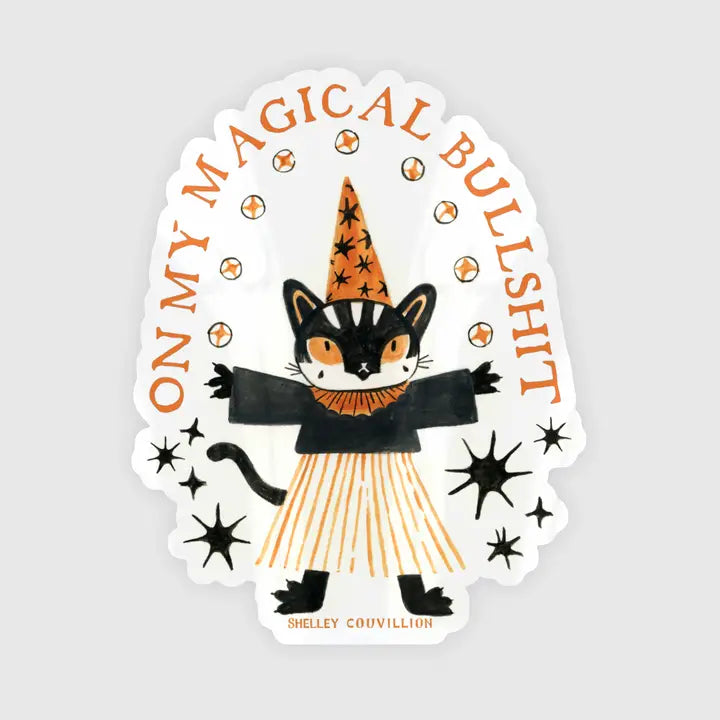
I'm on my magical bullshit again. Are you? I'll bet you are ;)
This lil cat was painted in 2023 - ish and I just found it again and brought it out for the first time for this sticker :D Painted by me, Shelley Couvillion *Fancy but awkward bow* 

Vinyl and water resistant, looks great on water-bottles or notebooks or laptops. 3" tall.