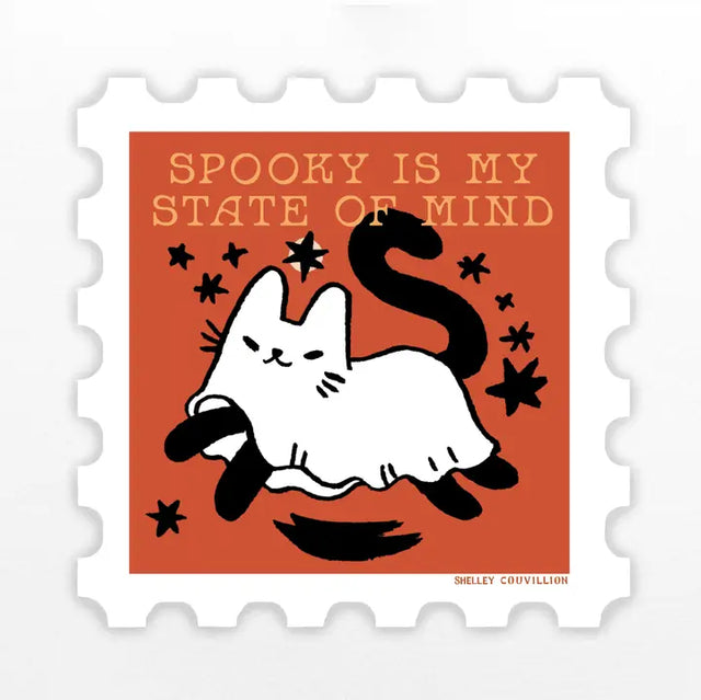✨ Here is my ghost cat on a sticker. I thought Pumpkin was going to become the face of this brand but it's become ghost cat! I think she needs a name now though....
This sticker is stamp shaped!
--------------
Artwork hand-drawn by me, Shelley Couvillion in 2026.
Printed on high-quality vinyl that’s waterproof and weatherproof, perfect for water bottles, laptops, notebooks, planners, or tucked safely in your sticker collection for those who adore cozy cute things.

Details:
🍣 Waterproof vinyl sticker
📏 Si