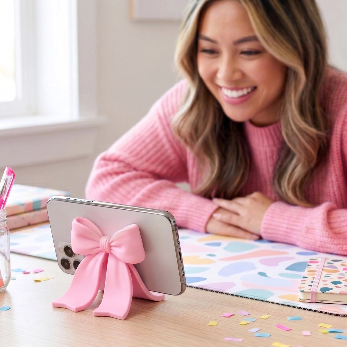 Sitting Pretty Bow Phone Stand

Why settle for a boring stand when you can have your phone Sitting Pretty? Fred’s coquette-inspired phone stand features a cute bow design that’s pretty, pink, and perfectly poised for scrolling, streaming, and staying hands-free. Made from soft-touch rubber, it’s equally fashionable as it is functional.

Measures 2.6" x 2.4" x 2.4"&nbsp;
Design by Winsor Pop, Fred Studio.