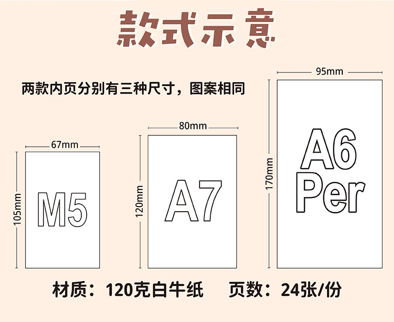 Size diagram for A6 paper sheets showing three sizes: M5 67mm x 105mm, A7 80mm x 120mm, and A6 Per 95mm x 170mm, with text indicating 120g white bullpap and 24 sheets per pack on a light beige background.