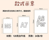 Size diagram for A6 paper sheets showing three sizes: M5 67mm x 105mm, A7 80mm x 120mm, and A6 Per 95mm x 170mm, with text indicating 120g white bullpap and 24 sheets per pack on a light beige background.