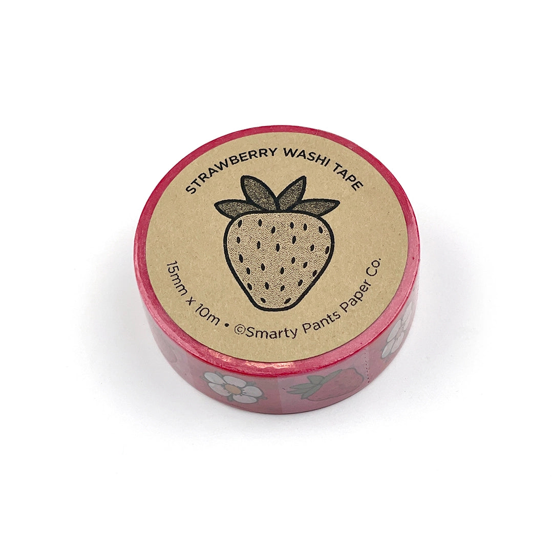 Strawberry and flower pattern washi tape.

Each roll is 15mm X 10m
Acid-free
Original Smarty Pants design
Individually shrink wrapped
Kraft label on top displays pattern of tape
White label on bottom with product information