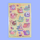 🐢 Our Kiss Cut Sticker Sheets are 4 inches by 6 inches and include one (1) sheet per package, with 10 to 20 individual waterproof, stickers on each.&nbsp;

🐢 Each sheet is enclosed in a sleeve with an art backing card and are retail-ready!

🐢 Stick them on water bottles, laptops, cars, coolers, helmets, skateboards, or just about any flat surface you can think of.&nbsp;