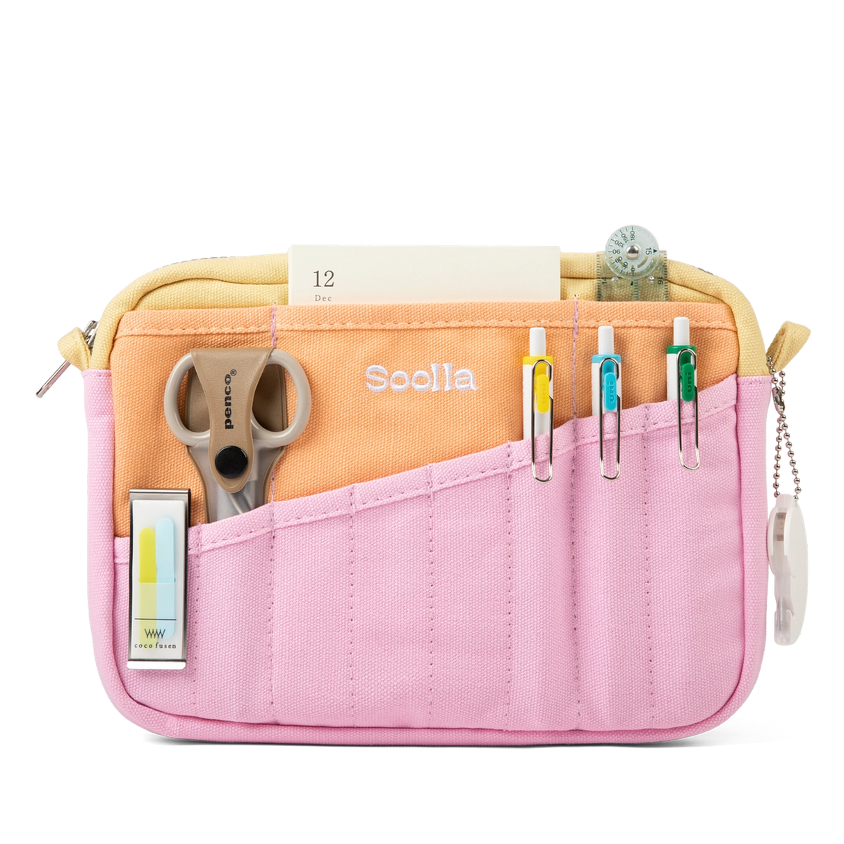 Front layout: 8 slanted pockets + 3 directly behind
Interior: Main compartment fits an A5 notebook; two open compartments on each wall
Back panel: 3 wide exterior pockets + one full-length slip pocket&nbsp;
Quick-drying duck canvas — sturdy, breathable, and machine-washable
Convertible design — hooks for your own strap or a Soolla strap (coming soon)&nbsp;
Structured silhouette — holds its shape even when lightly packed
Full-width YKK zipper — smooth and durable
Compact profile — fits inside larger bags or 