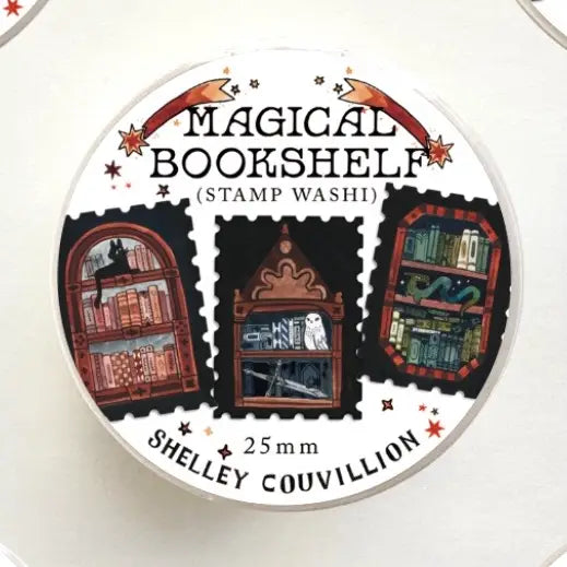 Hand-Painted by Shelley Couvillion | 2025

Add a touch of vintage charm and literary elegance to your stationery collection with this beautifully hand-painted washi tape. Featuring intricate illustrations of cozy, stacked bookshelves, this tape perfectly captures the essence of witchy dark academia. Each delicate brushstroke was created by artist Shelley Couvillion in 2025, making this a unique and timeless piece for your journaling or crafting projects and perfect for that bookish goth in your life.

Measu