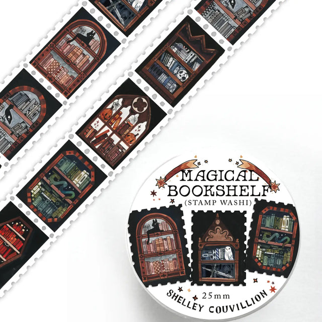 Hand-Painted by Shelley Couvillion | 2025

Add a touch of vintage charm and literary elegance to your stationery collection with this beautifully hand-painted washi tape. Featuring intricate illustrations of cozy, stacked bookshelves, this tape perfectly captures the essence of witchy dark academia. Each delicate brushstroke was created by artist Shelley Couvillion in 2025, making this a unique and timeless piece for your journaling or crafting projects and perfect for that bookish goth in your life.

Measu