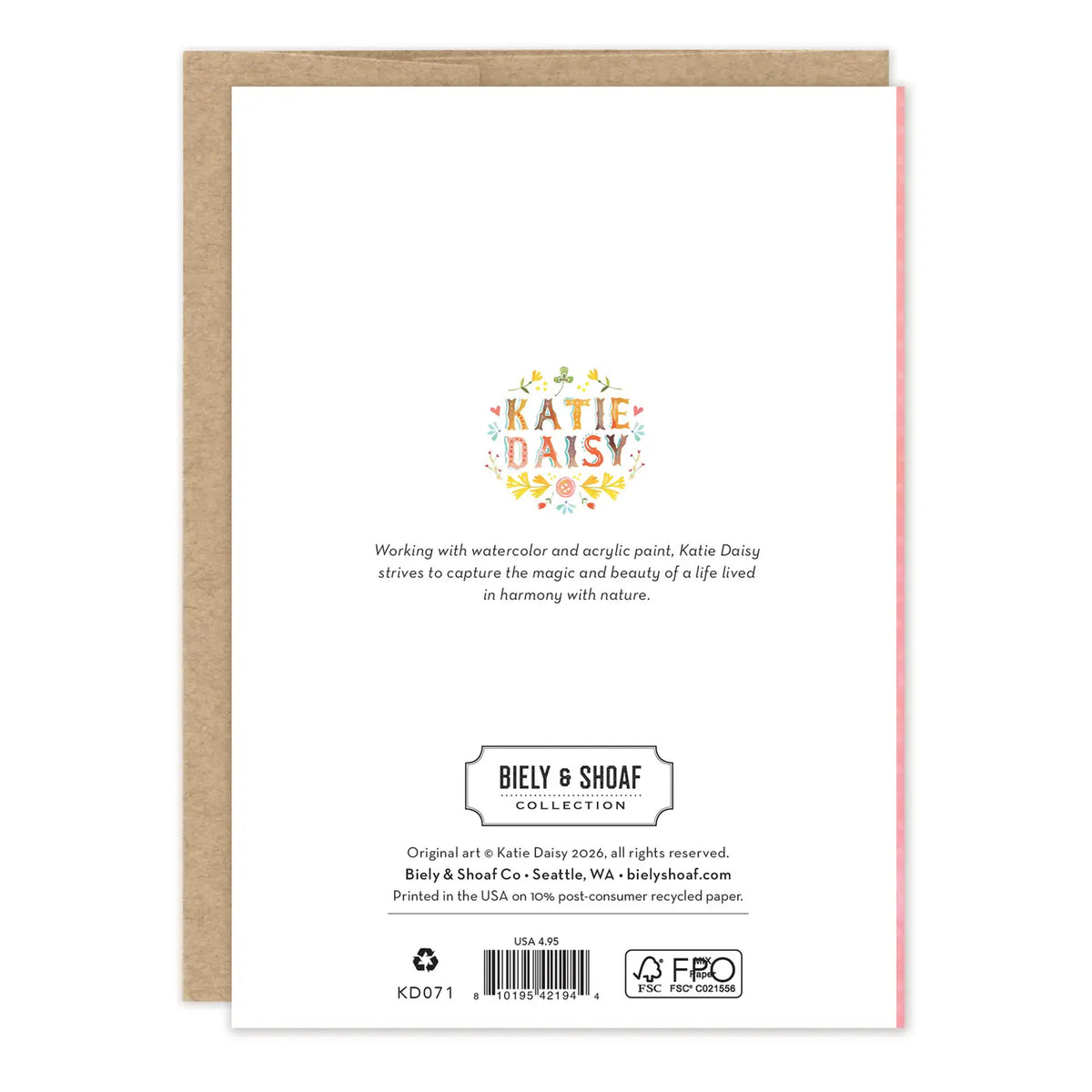 Storybook Enchanted Birthday Card

Inside verse: Wishing you a storybook day!

• Gold foil details
• Illustrated by Katie Daisy
• Pre-priced
• Size: A6, 4.5" x 6.25"
• Paired with a kraft envelope
• Printed in the USA on beautiful FSC-certified 10% post-consumer waste recycled paper.
• Eco-friendly, 100% recyclable
• Plastic-free packaging

About The Artist: Katie Daisy was raised by the birds and warm breezes of small-town Lindenwood, Illinois, brought up among the wildflowers with roots planted deeply in 