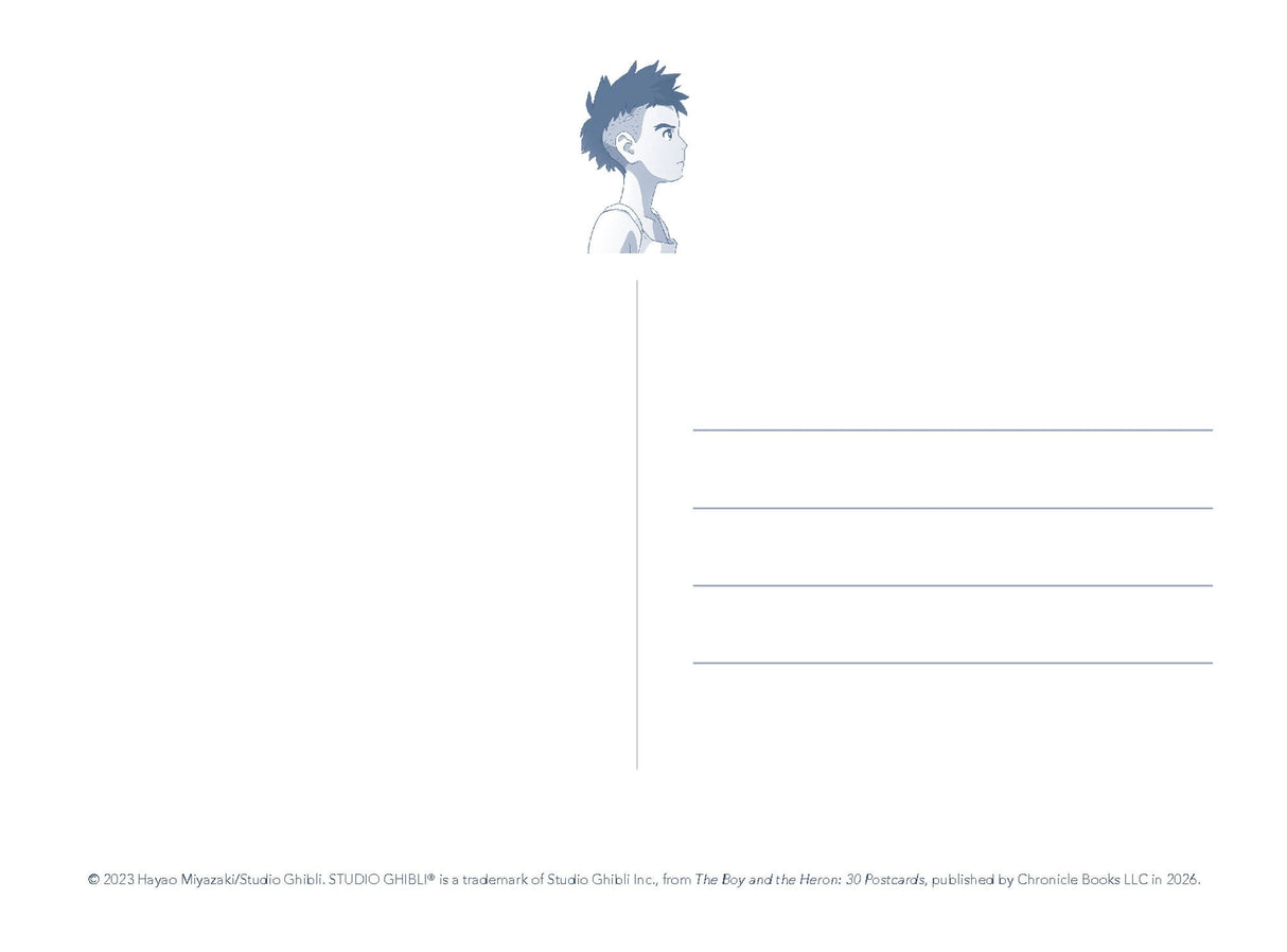 Embark on an exhilarating journey into Studio Ghibli’s award-winning fantasy adventure The Boy and the Heron, joining young Mahito and a mischievous grey heron as they venture into a world where death comes to an end and life finds a new beginning.

This collection of postcards, beautifully designed to keep or send, features 30 final frames from the film—all hand-drawn and gorgeously detailed—and celebrates director Hayao Miyazaki’s epic masterpiece.

Pair it with other themed merchandise, including The Boy