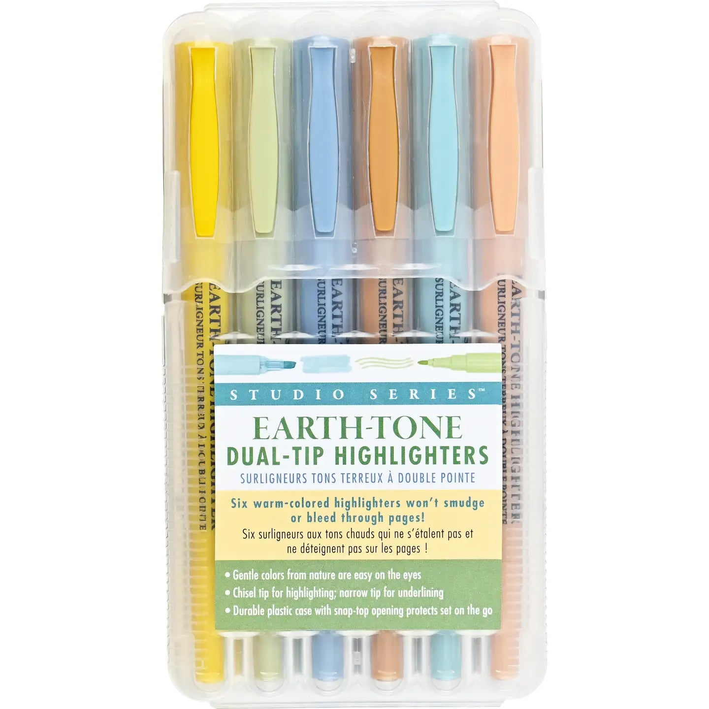 Studio Series Dual-Tip Set of 6 Highlighters - Earth-Tone

Beautiful earth-tone highlighters won't smudge or bleed, even through the thinnest of pages! Set of 6 highlighters. Versatile dual tips. Broad chisel tip for highlighting. Narrow tip for underlining.

Uniquely formulated waxy highlighters are bleed- and feather-resistant, even on thin pages in Bibles, magazines, textbooks, and more. Vibrant pigment ink. Gentle colors from nature are easy on the eyes. Perfect for planners, handwritten notes, document