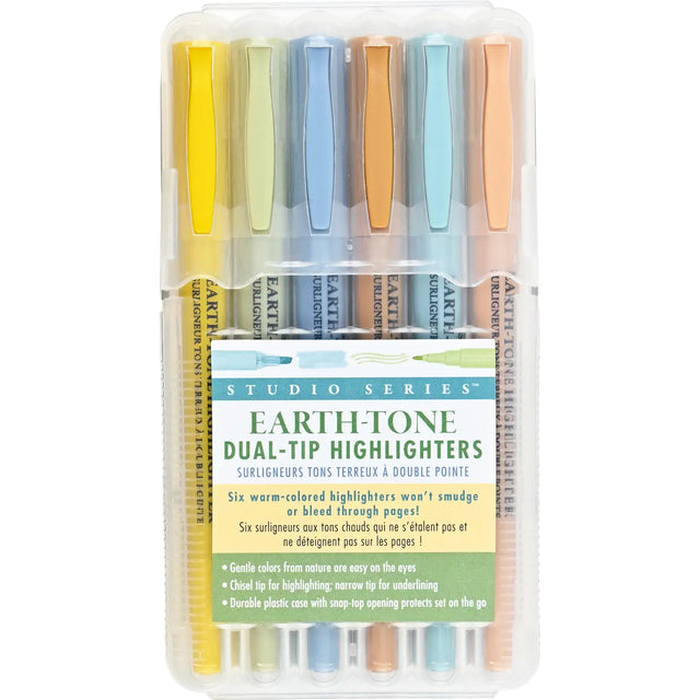 Studio Series Dual-Tip Set of 6 Highlighters - Earth-Tone

Beautiful earth-tone highlighters won't smudge or bleed, even through the thinnest of pages! Set of 6 highlighters. Versatile dual tips. Broad chisel tip for highlighting. Narrow tip for underlining.

Uniquely formulated waxy highlighters are bleed- and feather-resistant, even on thin pages in Bibles, magazines, textbooks, and more. Vibrant pigment ink. Gentle colors from nature are easy on the eyes. Perfect for planners, handwritten notes, document