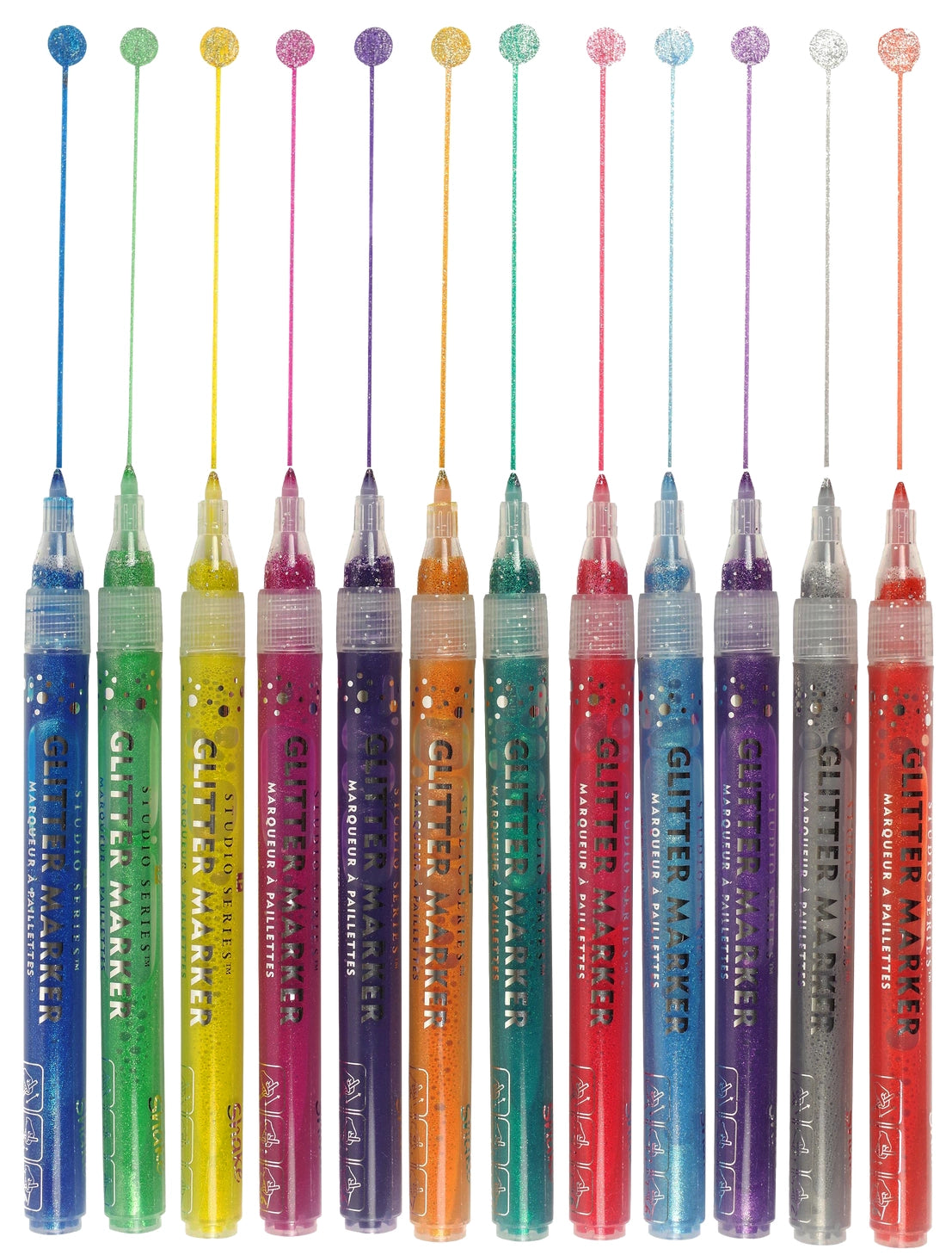 Add sparkle to your art projects with Glitter Markers in 12 dazzling colors!

Ultra-glittery markers! Fine 0.7mm bullet tips. Water-based ink. 12 vibrant colors. Inks look best on light-colored backgrounds.

TO START INK FLOW: Gently shake marker. Uncap. Press tip down against a surface until ink flows to tip, then draw. Recap marker right away when finished.

Each marker measures 5-1/4'' in length.
Set comes in a sturdy plastic storage case that keeps markers safe and organized on the go.
Case measures 6''