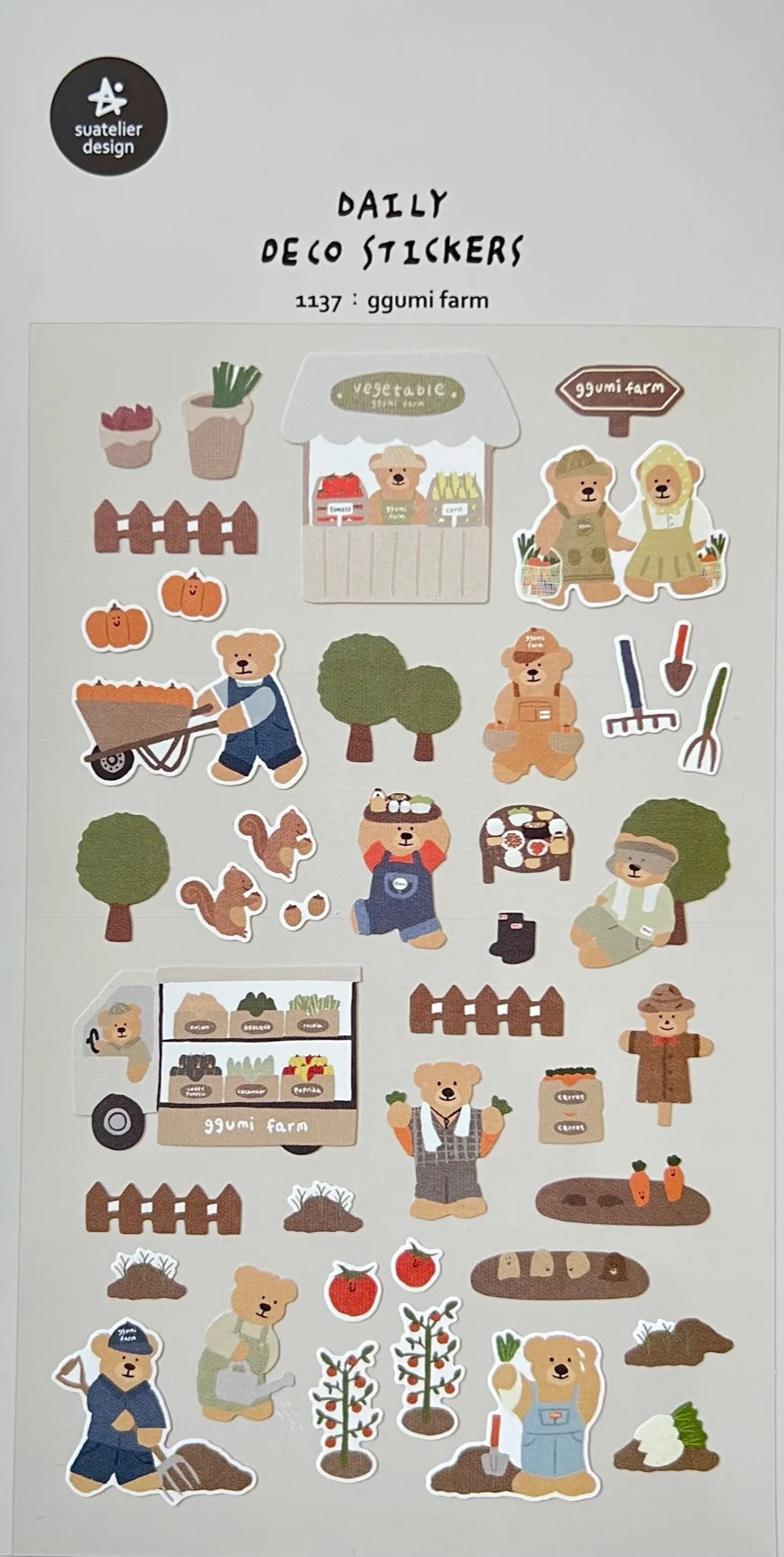 Suatelier - Ggumi Farm Sticker Sheet

The Ggumi Farm sticker sheet from Suatelier captures the charm of farming and the inviting atmosphere of your favorite neighborhood market. Known for their soft colors and playful aesthetic, Suatelier stickers add an instant dose of warmth and whimsy wherever you place them.

Package measures approx. 8" x 3.5"
Includes 1 sticker sheet