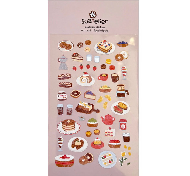Celebrate your love of delicious eats with the Food Trip #4 sticker sheet from Suatelier. Filled with charming illustrations of tasty treats and foodie moments. Known for their soft colors and playful aesthetic, Suatelier stickers add an instant dose of warmth and whimsy wherever you place them.

• This package includes 1&nbsp;sheet of sticker
• Package measures approx. 8" x 3.5"