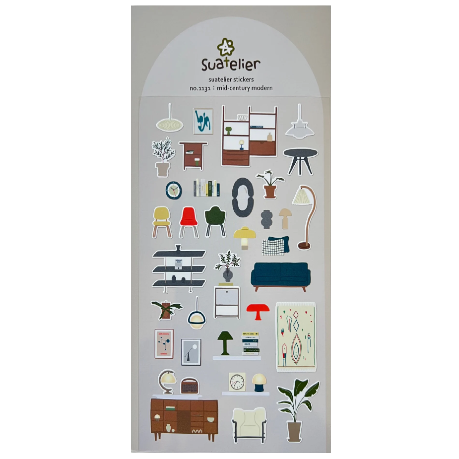 A charming Mid-Century Modern sticker sheet featuring retro furniture, lighting, and decor in warm, earthy tones. Perfect for adding a stylish vintage touch to journals, laptops, and planners.




• This package includes 1&nbsp;sheet of sticker
• Package measures approx. 8" x 3.5"