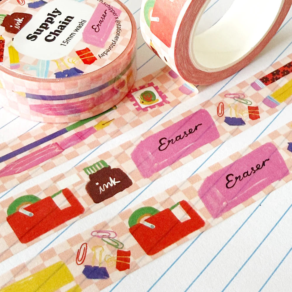 Karen's cute supplies on a fun check background.

Perfect for decorating planners, journals, cards, gifts, and scrapbooks. The perfect roll of washi for stationery lovers!

15mm x 10m tape
Artwork property of Karen Schipper
Shrink-wrapped with label stickers on both sides (save for your junk journal!)