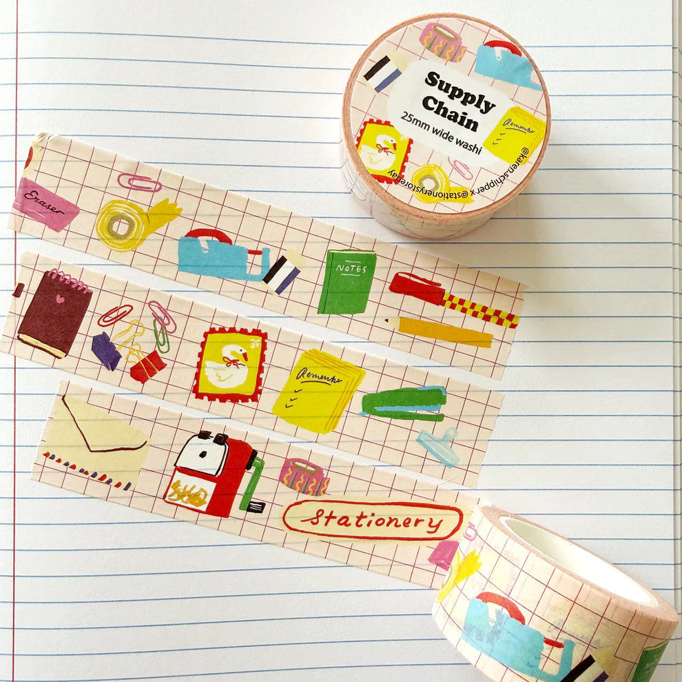 Karen's cute supplies on a fun graph background.

Perfect for decorating planners, journals, cards, gifts, and scrapbooks. The perfect roll of washi for stationery lovers!

25mm x 10m tape&nbsp;
Artwork property of Karen Schipper
Shrink-wrapped with label stickers on both sides (save for your junk journal!)