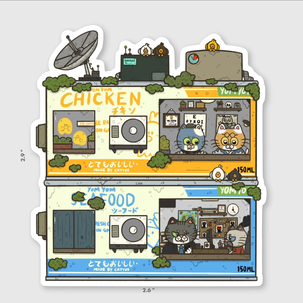Sushiboiiiyy - Cat Food Building Vinyl Sticker

Die cut stickers are roughly 3x3" and are laminated with a Matte finish.