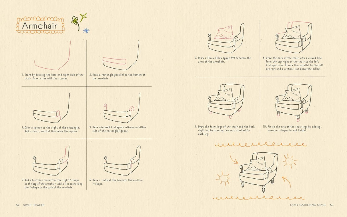 In Sweet Spaces, popular Instagram artist Erin Siney (@eggsdoodz) brings their signature doodle-like style to all things cute and cozy. Through easy-to-follow instructions, Siney breaks down the small details to inspire you to create beautiful interiors in the coquette aesthetic. This fun and fresh guide helps you put your own spin on still life art, teaching you how to draw eye-catching interiors with vibrant motifs and characters.