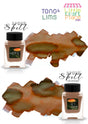 Spore Spell captures the magic of the forest floor, blending warm mushroom brown with shadowy olive undertones and hints of rust-colored depth. As the ink pools and dries, earthy hues separate and mingle, revealing hidden layers reminiscent of moss-covered logs, wild fungi, and forgotten woodland paths. Intriguing and unpredictable, this is a color for those who find magic in nature's darker corners. Available in both standard and shimmer options.
