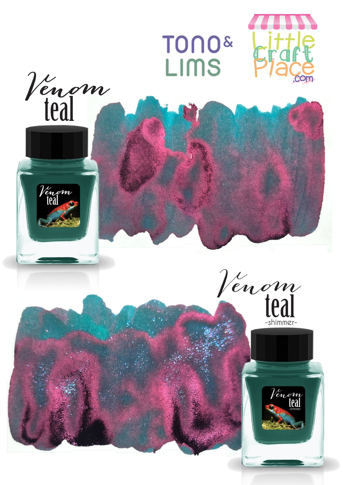 This ink has a striking dual‑tone character. The base color is a cool teal that leans toward turquoise, while a vivid magenta sheen overlays it, creating a metallic, almost iridescent finish. Where the ink pools more heavily, the magenta dominates, forming rich plum‑like patches with a velvety texture. In lighter areas, the teal shines through, giving a dynamic contrast between warm and cool tones. Available in both standard and shimmer options.