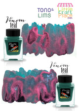 This ink has a striking dual‑tone character. The base color is a cool teal that leans toward turquoise, while a vivid magenta sheen overlays it, creating a metallic, almost iridescent finish. Where the ink pools more heavily, the magenta dominates, forming rich plum‑like patches with a velvety texture. In lighter areas, the teal shines through, giving a dynamic contrast between warm and cool tones. Available in both standard and shimmer options.