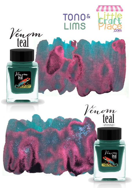 This ink has a striking dual‑tone character. The base color is a cool teal that leans toward turquoise, while a vivid magenta sheen overlays it, creating a metallic, almost iridescent finish. Where the ink pools more heavily, the magenta dominates, forming rich plum‑like patches with a velvety texture. In lighter areas, the teal shines through, giving a dynamic contrast between warm and cool tones. Available in both standard and shimmer options.