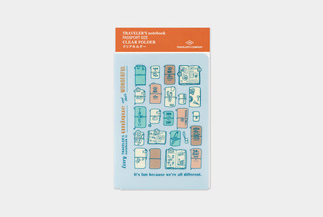 This clear folder features TRAVELER's theme for the year in which "Every TRAVELER'S notebook is unique and that's wonderful." Use this folder to hold stickers, business cards, tickets, stamps, and other scraps you may come across during your travels!
