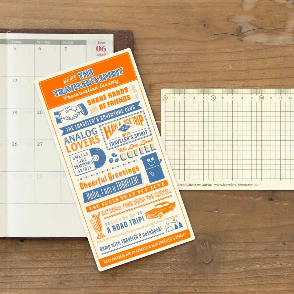 Plastic Sheet (or underlay sheet) is designed to let you write standing up by providing a sturdy surface underneath your page. You can also use it as a bookmark to instantly open to a certain page. The stiff material of the sheet can help you draw straight lines as if it were a ruler.


The theme of the 2026 edition is THE TRAVELER'S SPIRIT, designed to reflect the spirit of the traveler.