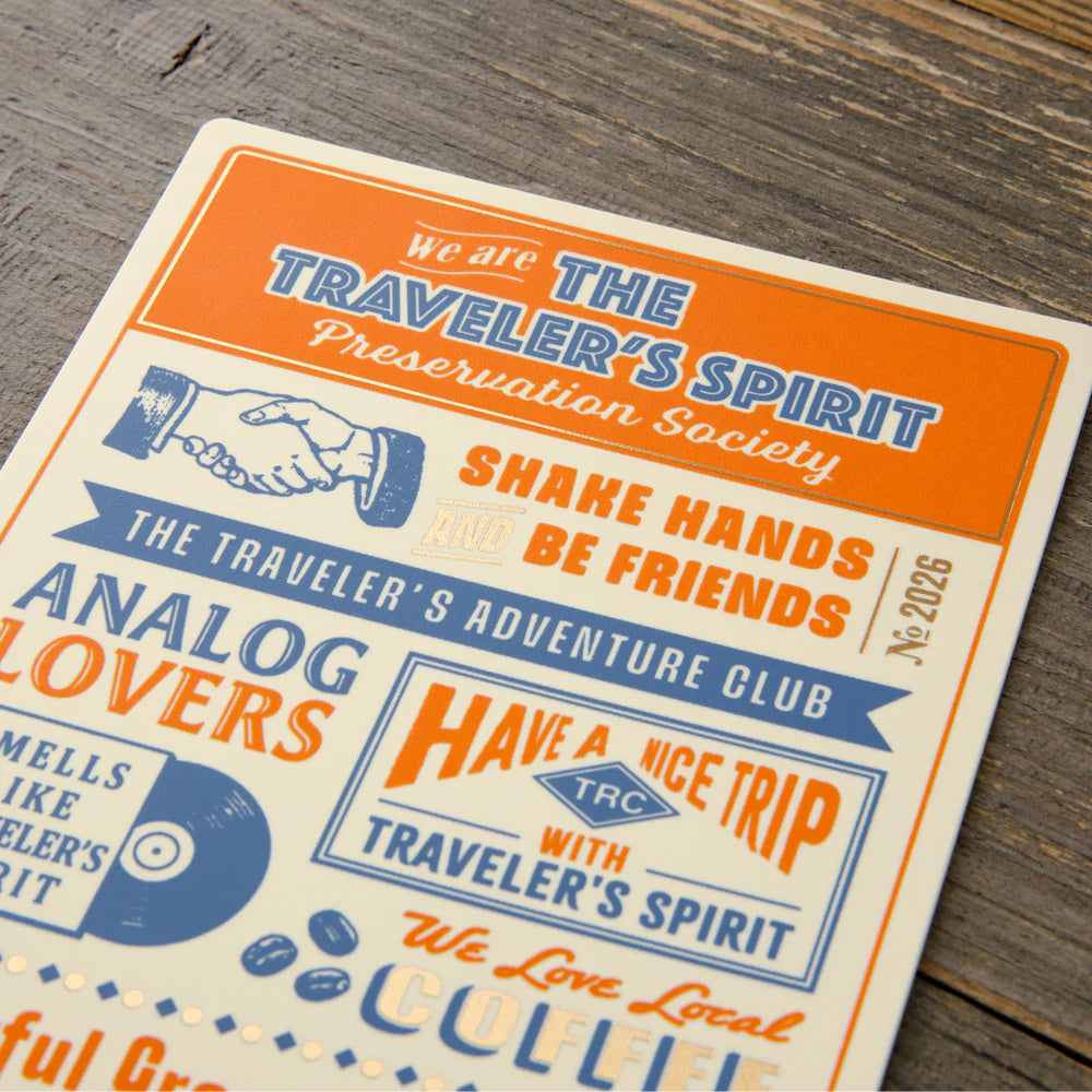 Plastic Sheet (or underlay sheet) is designed to let you write standing up by providing a sturdy surface underneath your page. You can also use it as a bookmark to instantly open to a certain page. The stiff material of the sheet can help you draw straight lines as if it were a ruler.


The theme of the 2026 edition is THE TRAVELER'S SPIRIT, designed to reflect the spirit of the traveler.