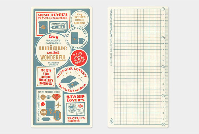 This is a useful plastic sheet for all sorts of situations while traveling, such as writing while standing, using it as a bookmark to instantly open to a certain page, and drawing straight lines with the edge. The theme of the 2027 edition is “Every TRAVELER’S notebook is unique and that’s wonderful.”