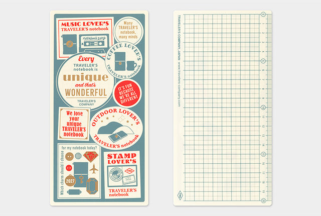 This is a useful plastic sheet for all sorts of situations while traveling, such as writing while standing, using it as a bookmark to instantly open to a certain page, and drawing straight lines with the edge. The theme of the 2027 edition is “Every TRAVELER’S notebook is unique and that’s wonderful.”
