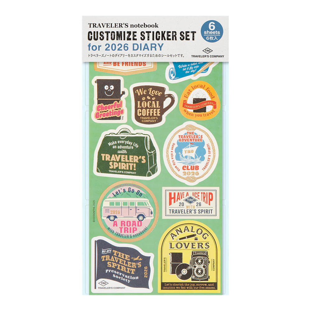 This is a sticker set for customizing TRAVELER’S notebook that makes it more fun, including index and pocket stickers, icon stickers to represent different plans, dry transfer, and stickers to decorate the cover. The 2026 version features a design with a theme of “TRAVELER'S SPIRIT"


You can customize the cover of the 2026 diary or other notebooks with stickers of analog motifs. Have a good trip with THE TRAVELER'S SPIRIT in 2026.