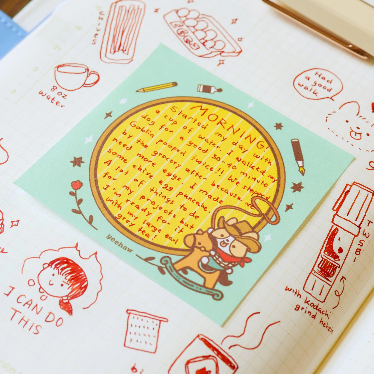 Full color sticky notes featuring a corgi dressed as a cowboy

3x3 inches
25 sheets
Printed with 3M
