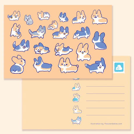 Thousand Skies - Lots of Corgis Postcard

A playful and colorful illustration to brighten someone's day.

• 4 in x 6 in postcard
• Matte finish
• Heavy Cardstock

Please consider that monitor calibrations are all different. The color you see might slightly differ from the photo.

Design ©Thousand Skies