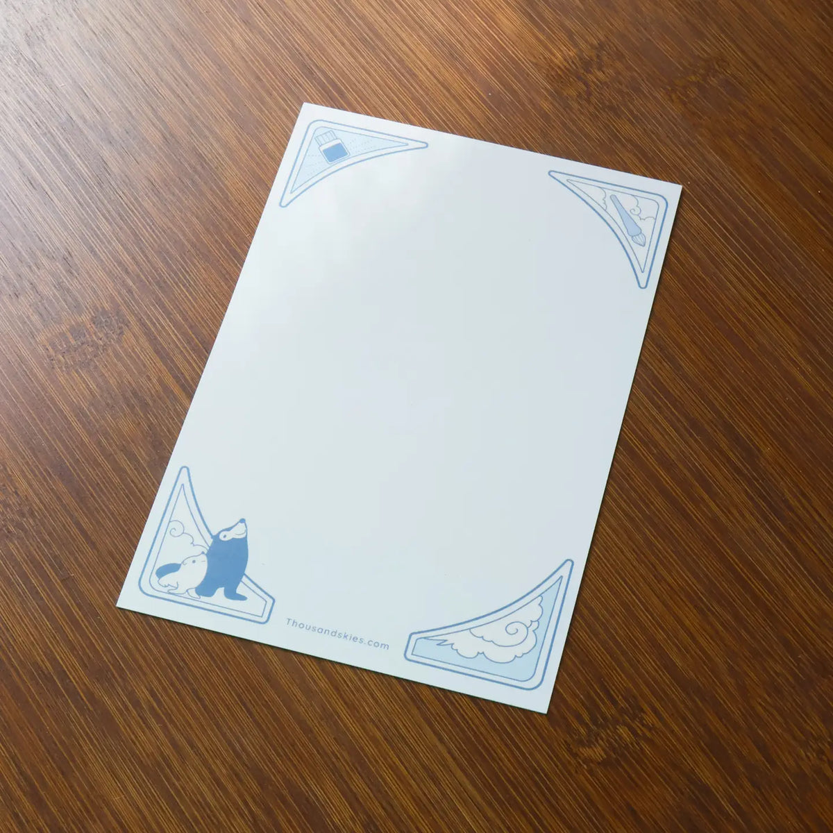 Thousand Skies - Sky Glass Pen Postcard

A playful and colorful illustration to brighten someone's day.

• 4 in x 6 in postcard
• Matte finish with silver embossing
• Heavy Cardstock

Please consider that monitor calibrations are all different. The color you see might slightly differ from the photo.

Design ©Thousand Skies
