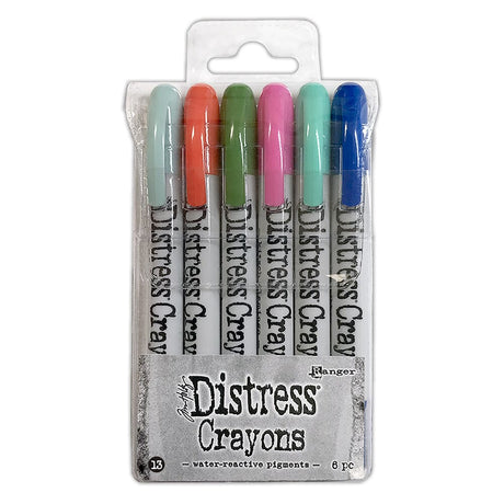 Distress Crayons are formulated to achieve vibrant coloring effects on porous surfaces for mixed-media. The smooth water-reactive pigments are ideal for creating brilliant backgrounds, water-coloring, smudge effects and more!